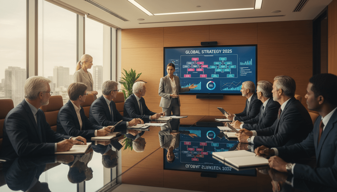 Healthcare executives in strategic planning meeting with technology roadmap