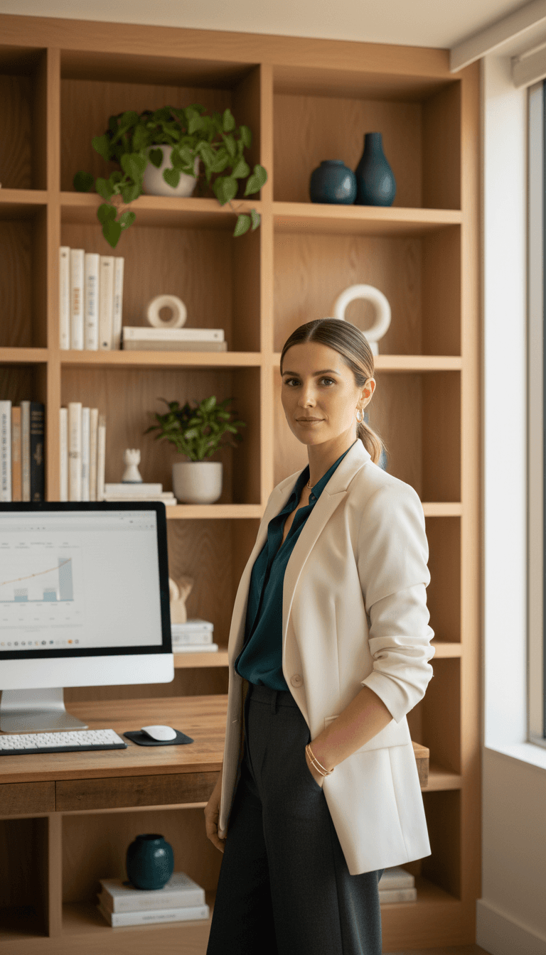 Female entrepreneur in business casual attire standing confidently in contemporary home office with warm natural lighting