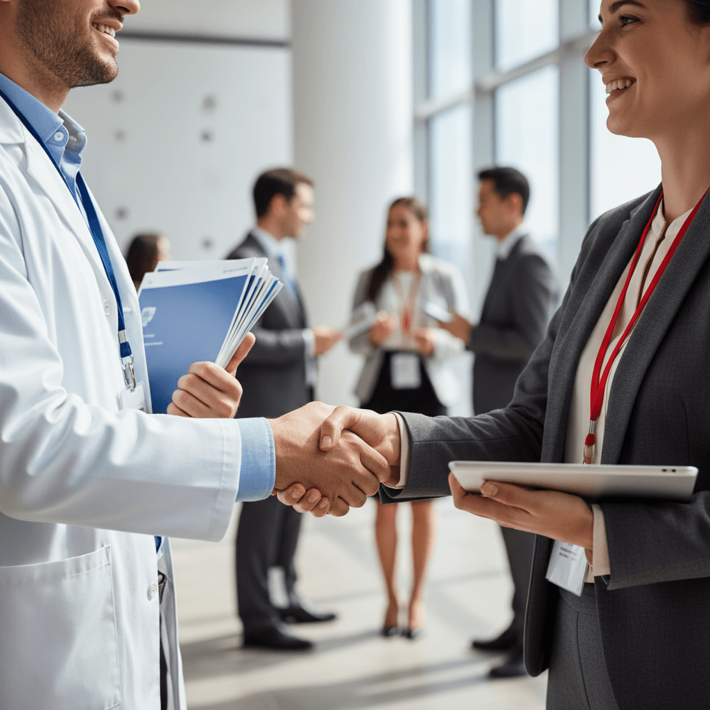 Two healthcare professionals shaking hands at medical conference, one in white coat, both wearing conference badges, soft natural lighting